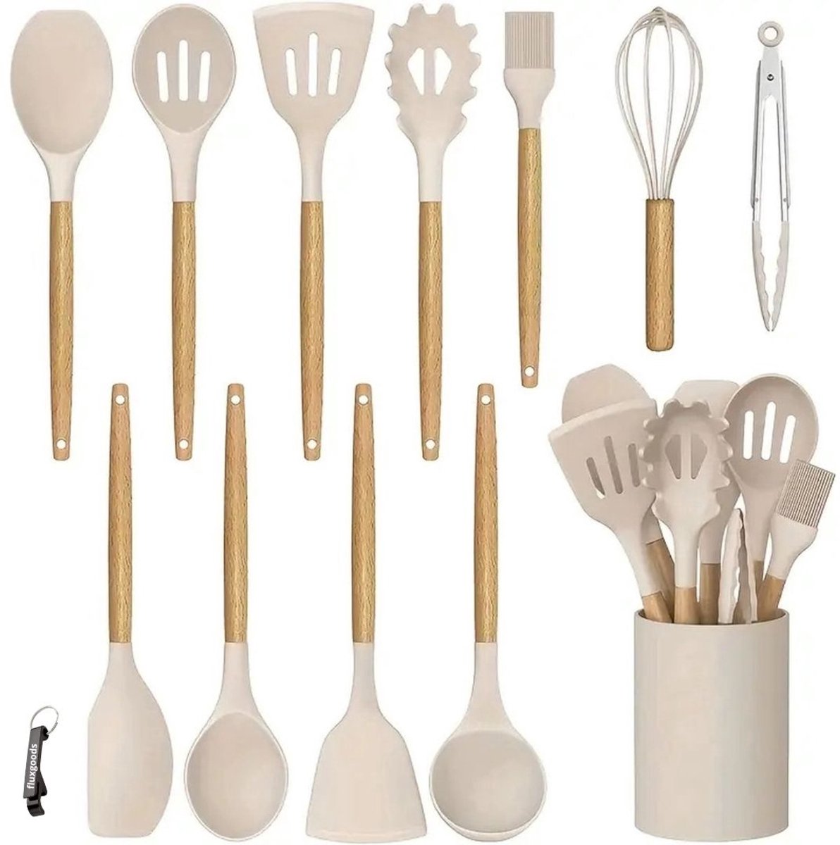 13-delige Non-Stick Siliconen Keukengerei Set met Houten Handvatten | Hittebestendig Kookgerei met Opbergkoker | Krasvrij, BPA-vrij, Anti-aanbak & Makkelijk Schoon te Maken met bieropener - Beige