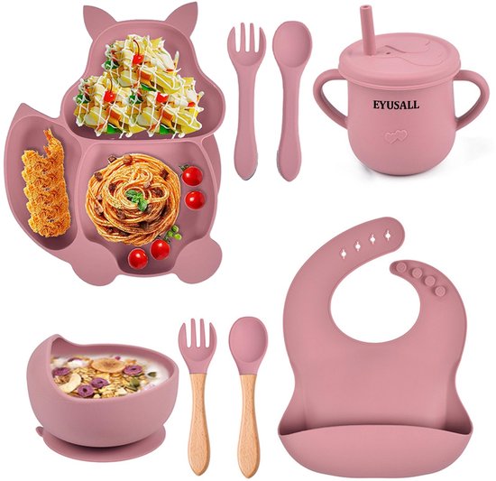 Service de table en Siliconen Vaisselle pour enfants EYUSALL - 9 pièces - Antidérapant - Assiette à motif écureuil - Avec cuillère/fourchette/ Kom