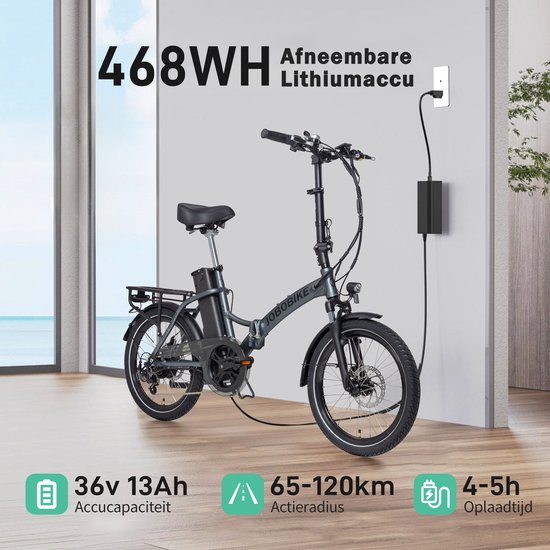 JOBOBIKE Sam Elektrische Fiets - 120 km Bereik - 486Wh accu - 20 inch Wielen - Shimano 7 Versnellingen - 250W Achterwielmotor - Aluminium Opvouwbaar Frame - Mechanische schijfremmen - LCD Display - Zwart van Jobobike — afbeelding 4