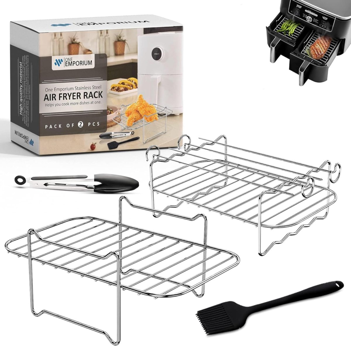 ONE Emporium airfryer stapelrekken – 2-delig RVS – geschikt voor Ninja Dual & meer – met oliekwast & keukentang