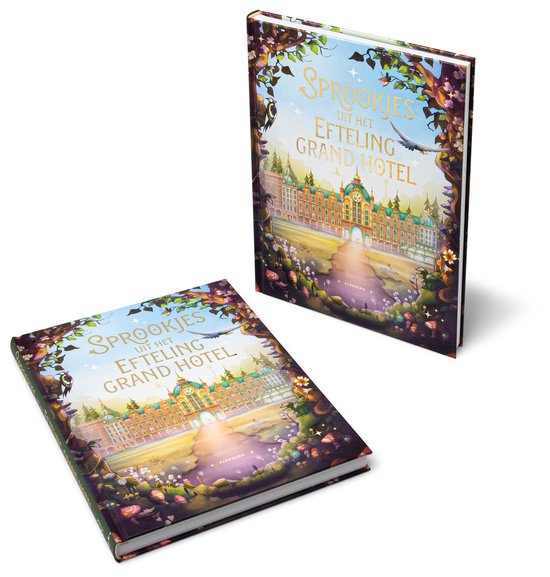 Twee boeken met de titel "Sprookjes uit het Efteling Grand Hotel". De omslagen tonen een sprookjesachtig hotel omringd door bomen en paddenstoelen.
