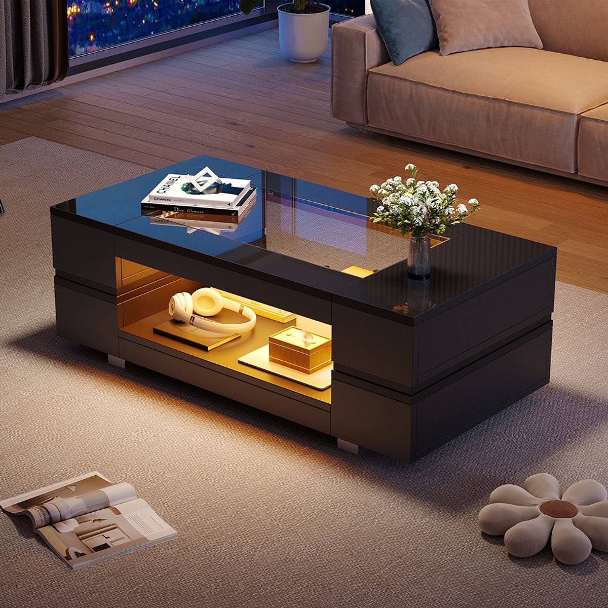 BLACKCOLORS Zwarte LED-salontafel met bediening via Bluetooth-app, dubbellaagse tafel met glanzend hol design, geschikt voor feesten, kantoren en woonkamers