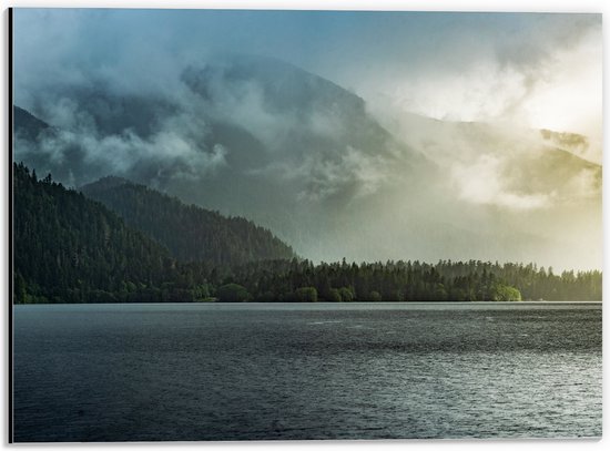 Dibond - Mist - Wolken - Bomen - Bossen - Bergen - Zee - Water - Oceaan - 40x30 cm Foto op Aluminium (Wanddecoratie van metaal)