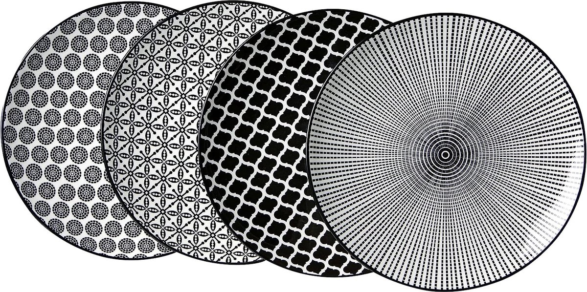 Takeo eetset, 4 delen, 26,5 cm diameter, porseleinen borden, zwart en wit