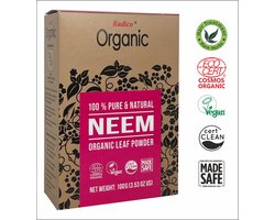 Radico ORGANIC NEEM 100% Natuurlijke BIO Organic Vegan Haargroei, Anti-Roos, Anti-Luis, Ontstekingsremmende, Kalmerende, Voedende Poeder Haarmasker, Shampoo en Conditioner 5 in 1 met ECOCERT 100g