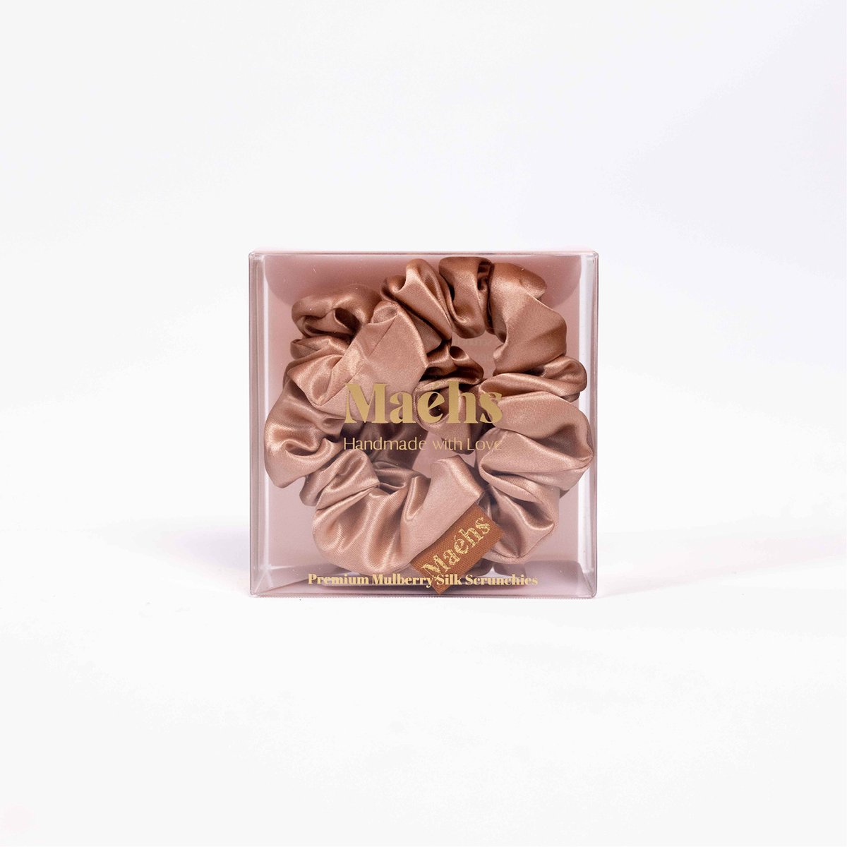 Maéhs Set van 2 medium scrunchies, haaraccessoires - haarelastiekjes - 100% zijde 22 Momme - Kleur caramel - cadeautip