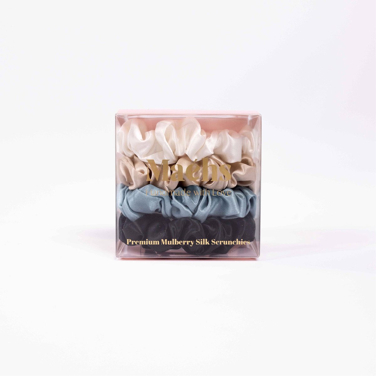Maéhs Bali Set van 4 mixed scrunchies medium, haaraccessoires - haarelastiekjes - 100% moerbei zijde, kwaliteit 22 Momme - Kleur ivory, champagne, ether, black - cadeautip