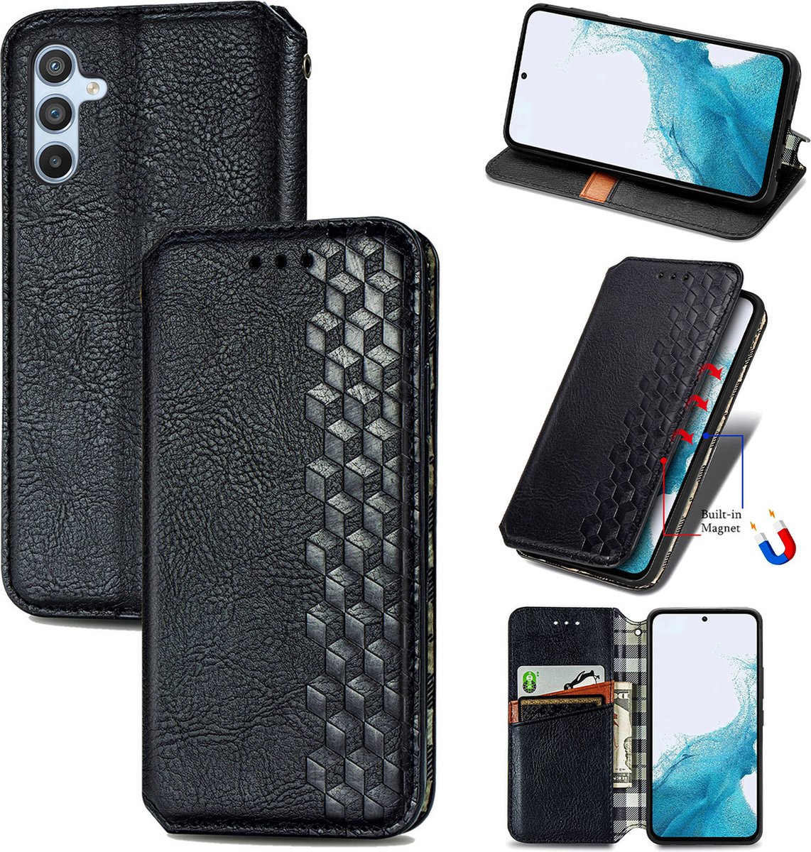 Luxe PU Lederen Ruitpatroon Wallet Case + PMMA Screenprotector voor Galaxy A54 _ Zwart