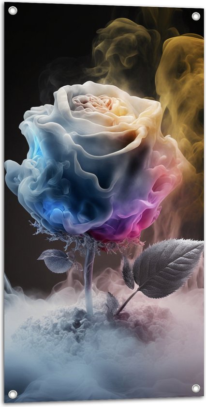 Tuinposter – Rokende Witte Roos met Kleurrijke Details - 50x100 cm Foto op Tuinposter (wanddecoratie voor buiten en binnen)