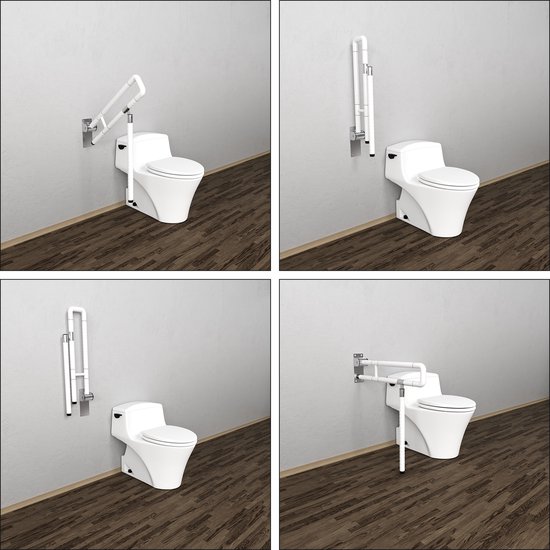 Vier afbeeldingen van een opklapbare toiletbeugel naast een witte toiletpot in verschillende posities: gemonteerd, omhoog geklapt, naar beneden geklapt, en uitgevouwen met steunvoet.