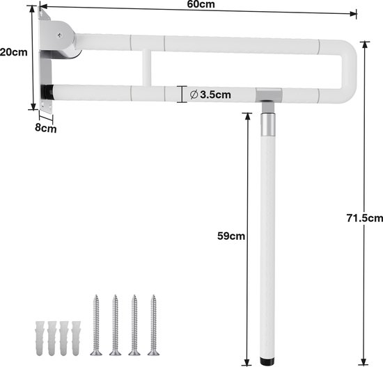 Toiletbeugel opklapbaar met steunvoet - Toiletsteun Verstelbaar - Handgreep toiletsteun - Ondersteuning Wandbevestiging - 60cm lang Wit