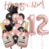 12 Jaar Verjaardag Cijferballon 12 - Feestpakket Snoes Ballonnen Pop The Bottles - Rose Zwart Versiering