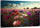 Tuinposter – Schapenwolken boven Veld Vol met Bloemen in Verschillende Kleuren - 150x100 cm Foto op Tuinposter (wanddecoratie voor buiten en binnen)