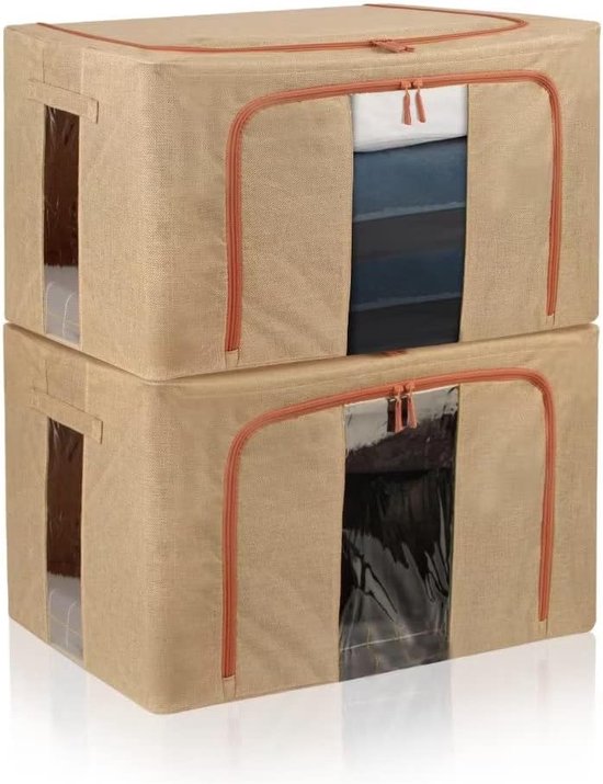 Stapelbare stalen frame kledingcontainer Opvouwbare kast Organizer Tassen Linnen stof kledingcontainer voor trui Beddengoed Deken (Beige, 2 Pack, 66L)