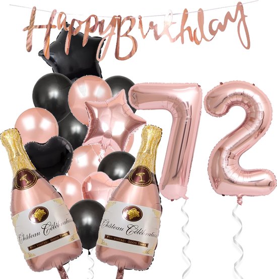 72 Jaar Verjaardag Cijferballon 72 - Feestpakket Snoes Ballonnen Pop The Bottles - Rose Zwart Versiering