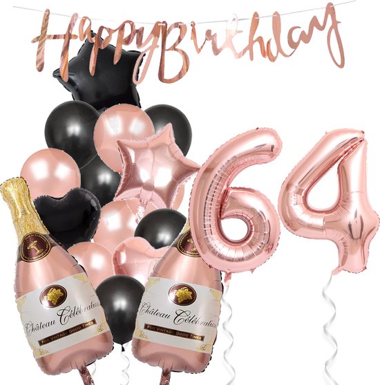 64 Jaar Verjaardag Cijferballon 64 - Feestpakket Snoes Ballonnen Pop The Bottles - Rose Zwart Versiering