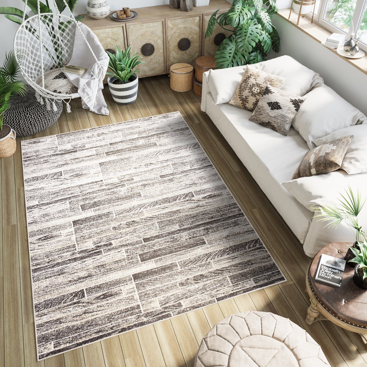 Tapiso Petra Vloerkleed Houten Slaapkamer Tapijt Maat- 80x150 Bruin Licht