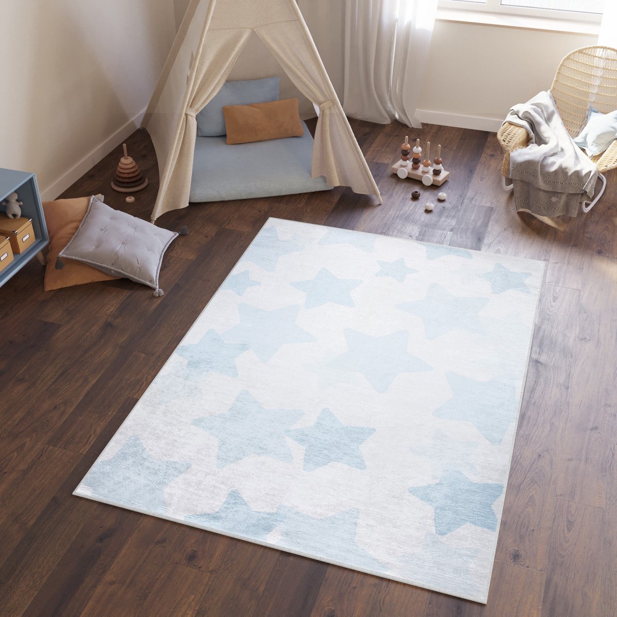 Tapiso Emma Vloerkleed Jeugdtapijt Babykamer Kinderkamer Blauw Speelmat- 80x150 Blauw 3