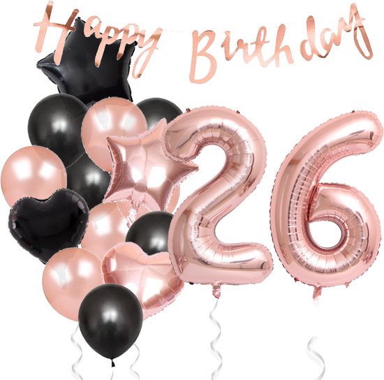Snoes Ballonnen 26 Jaar Feestpakket – Versiering – Verjaardag Set Liva Rose Cijferballon 26 Jaar -Heliumballon