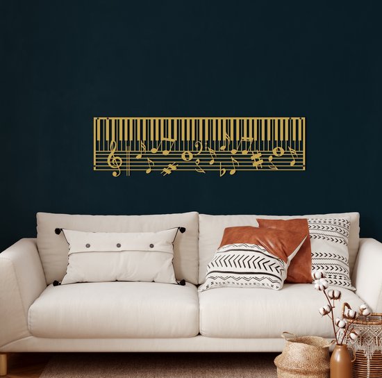 Wanddecoratie | Piano- en Muzieknoten / Piano and Music Notes | Metal - Wall Art | Muurdecoratie | Woonkamer | Buiten Decor |Gouden| 100x28cm