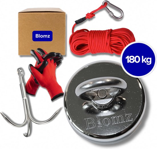 Blomz Magneetvissen Set - 180kg Trekkracht - Vismagneet Starterspakket - Inclusief Handschoenen en Touw 10m - Met Karabijnhaak & Dreghaak