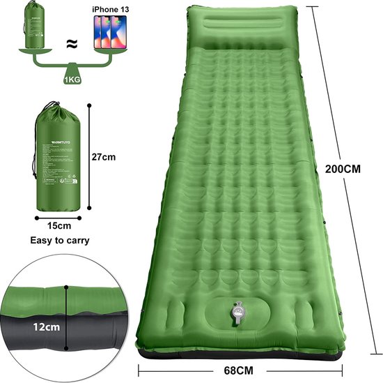 Zelfopblazende Slaapmat - Luchtbed Outdoor - Kamperen en Slapen - Geïntegreerde Voetpomp - 12 cm Dik - Legergroen — afbeelding 5