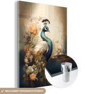 MuchoWow® Glasschilderij 90x120 cm - Schilderij acrylglas - Pauw - Pauwenveren - Bloemen - Vogels - Botanisch - Foto op glas - Schilderijen