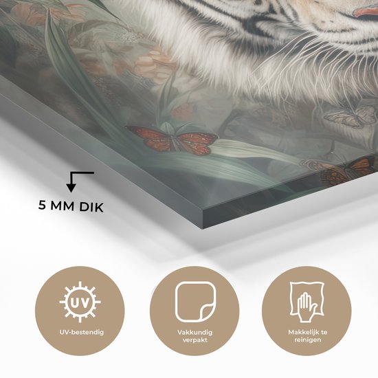 Glasschilderij - Tijger - Bloemen - Blinder - Dieren - Natuur - Glasplaat - Foto op glas - Glasschilderijen woonkamer - Schilderij op glas - 120x80 cm - Muurdecoratie - Wanddecoratie - Slaapkamer - Kamer decoratie