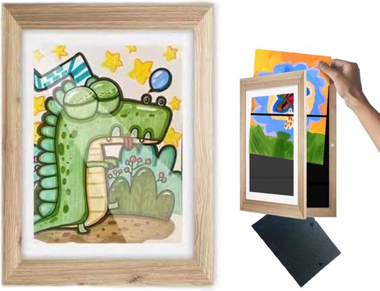 Kromapolis 2 stuks fotolijsten voor kindertekeningen, A4, milieuvriendelijk MDF-materiaal, A4-kinderkunstfotolijst, opgebouwd of wandmontage, zwart