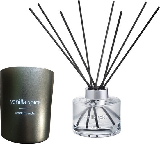 Vanilla Spice Giftset - Antraciet - heerlijke huiskamer parfum - huisparfum - moederdag - cadeau - 90 ml - Geurstokjes - Kaars - Geur - Vaderdag Cadeau - Voor hem - Papa - papadag