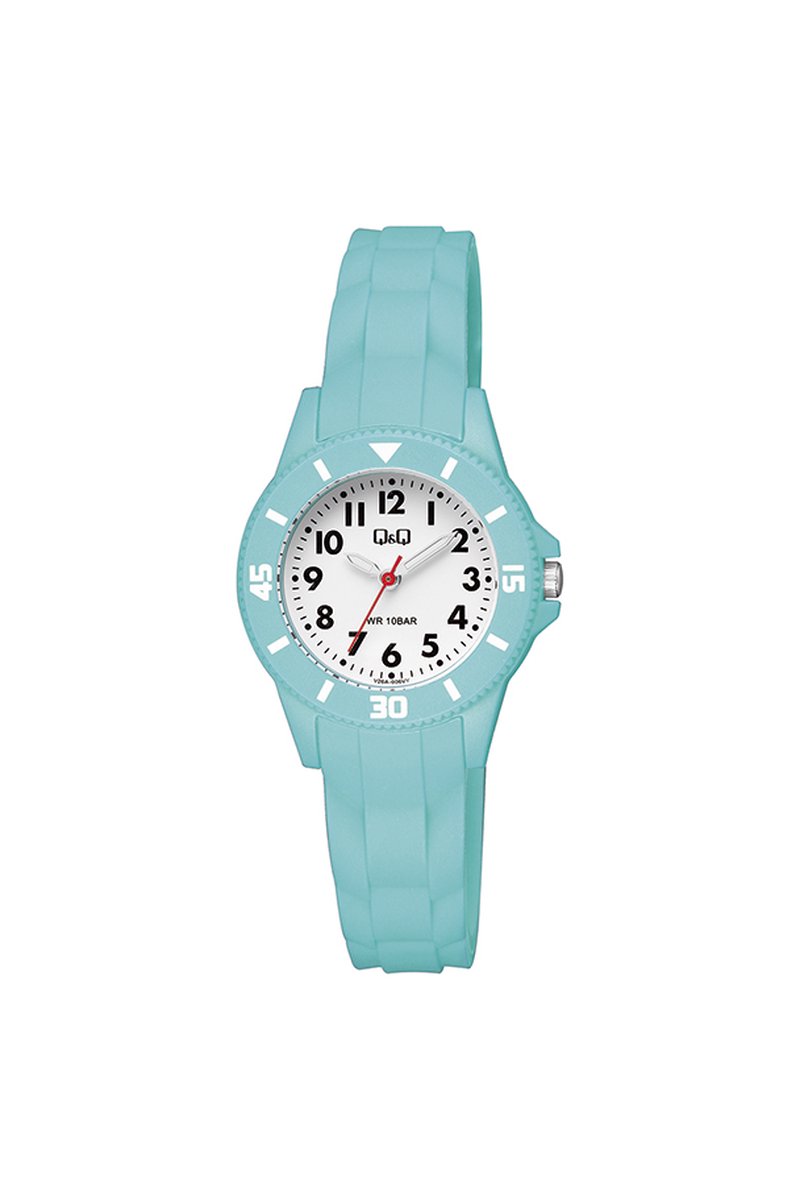 QQ V26A-006VY - Horloge - Sport - Analoog - Kinderen - Unisex - Plastic band - Rond - Kunststof - Cijfers - Turkoois - Wit - 10 ATM