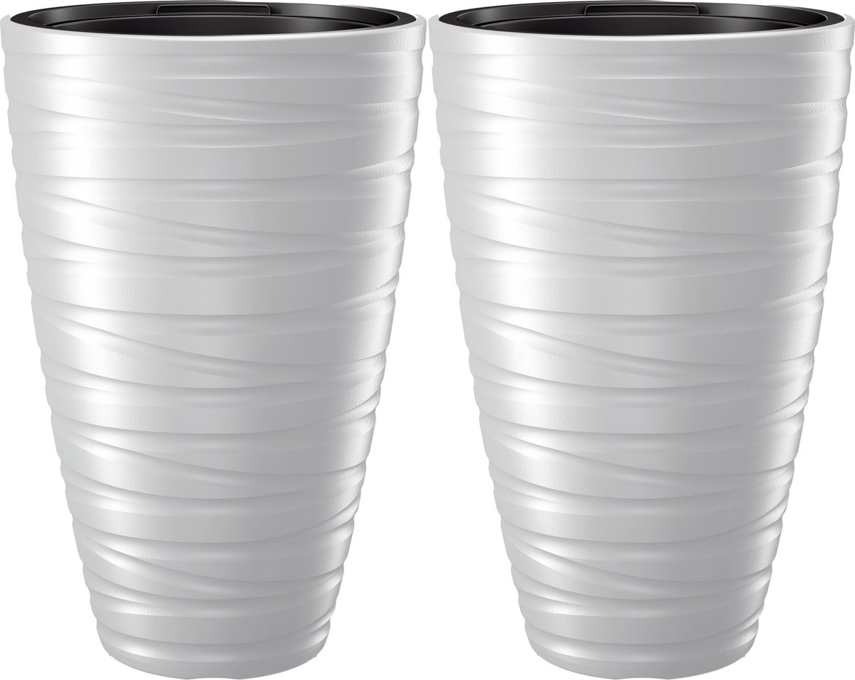 Prosperplast Plantenpot/bloempot Amazing - 2x - buiten/binnen - kunststof - wit - D37 x H58 cm - met binnenpot