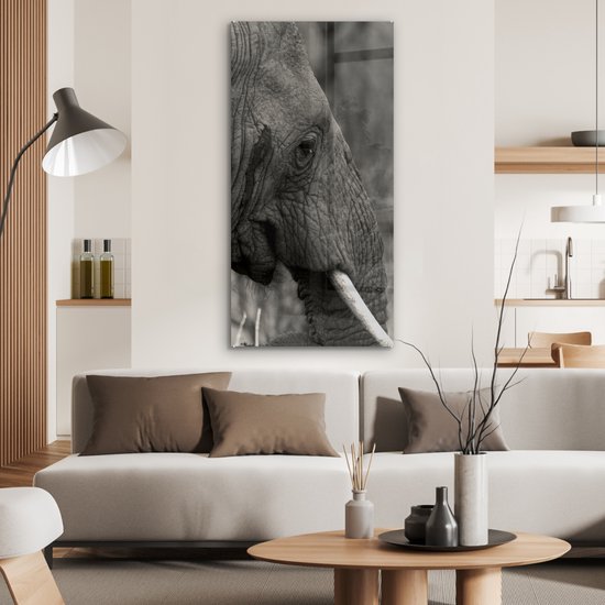 MuchoWow® Glasschilderij 60x120 cm - Schilderij acrylglas - Olifant - Dieren - Zwart - Wit - Foto op glas - Schilderijen