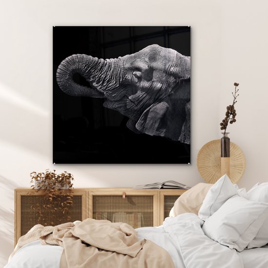 MuchoWow® Peinture sur verre 90x90 cm - Peinture sur verre - Éléphant - Animaux - Zwart - Nature - Photo sur verre acrylique - Peintures