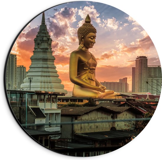 Dibond Muurcirkel - Gouden Boeddha voor Wat Paknam Phasi Charoen in Bangkok, Thailand - 20x20 cm Foto op Aluminium Muurcirkel (met ophangsysteem)
