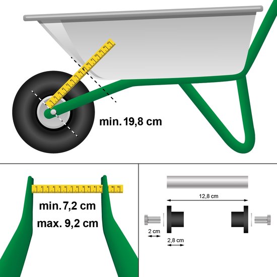 Eulenke Kruiwagenwiel met as, 4.80 4.00-8 massief rubber, schuifwagenwiel, luchtband, reservewiel, kruiwagenband 390 mm, rubberen wiel, lekvrij, 200 kg draagvermogen, reservewiel, 95 mm brede