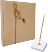 Gastenboek/receptieboek met luxe pen in houder - Bruiloft - goud/beige - 24 x 24 cm