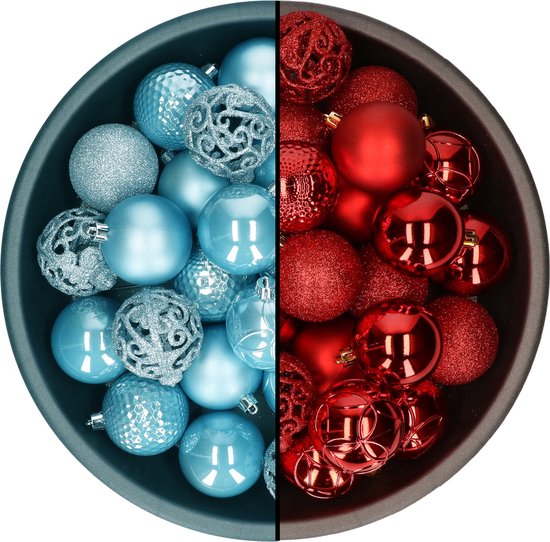 Boules de Noël Decoris - 74x pcs - rouge et bleu glacier - 6 cm - plastique