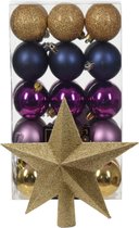 Kerstballen 30x st - goud/blauw/paars- 6 cm - met ster piek goud - kunststof