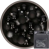 Kerstballen - 48x st - zwart - 6 cm - kunststof - met kerstbalhaakjes zilver