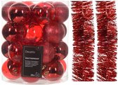 Kerstversiering set - rood - kerstballen 6 cm en kerstslingers - kunststof