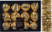 Decoris - 12x st - gedecoreerde kerstballen 6 cm incl. folieslinger - goud - kunststof
