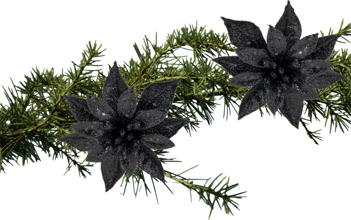 Cosy and Trendy kerstboom decoratie bloemen op clip - 2x st- zwart - 8 cm - glitters