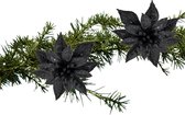 Cosy and Trendy kerstboom decoratie bloemen op clip - 2x st- zwart - 8 cm - glitters