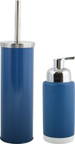 MSV Toiletborstel in houder 38 cm/zeeppompje 275 ml set Moods - metaal/keramiek - blauw/zilver