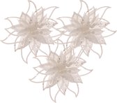 Cosy and Trendy décoration de sapin fleurs sur pince - 3x - blanc - 14 cm - paillettes