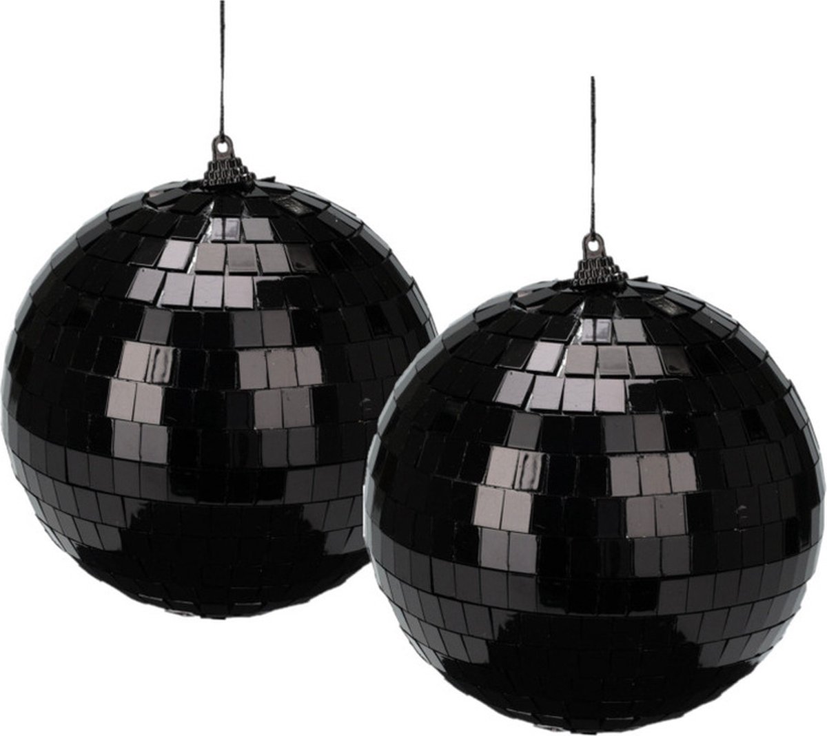 Kerstdecoratie discobal kerstbal in zwart kunststof, set van 2, 18 cm groot.