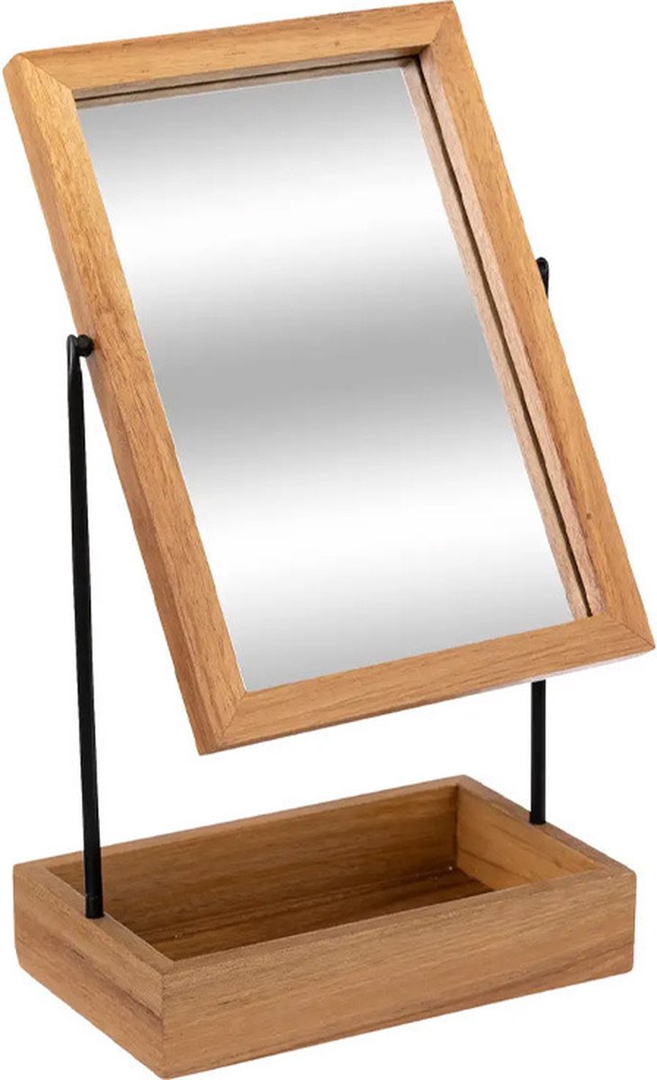 Goedkoopste 5Five Make-up spiegel met opbergbakje - Acacia hout - 19 x 36 cm - lichtbruin/zwart