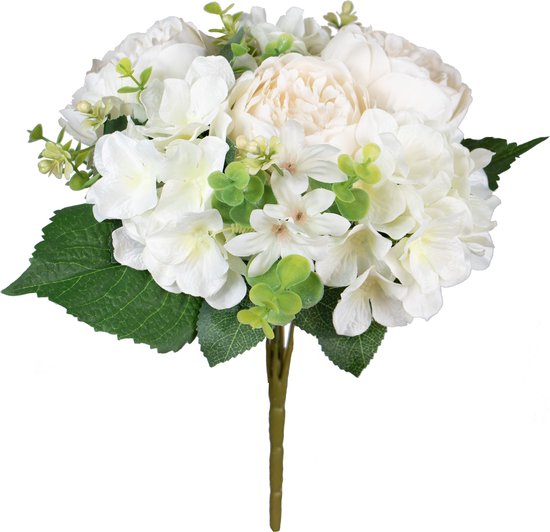Louis Maes Bouquet de Fleurs artificielles rose/hortensia - crème/blanc - H39 cm - Composition florale - Vert feuille