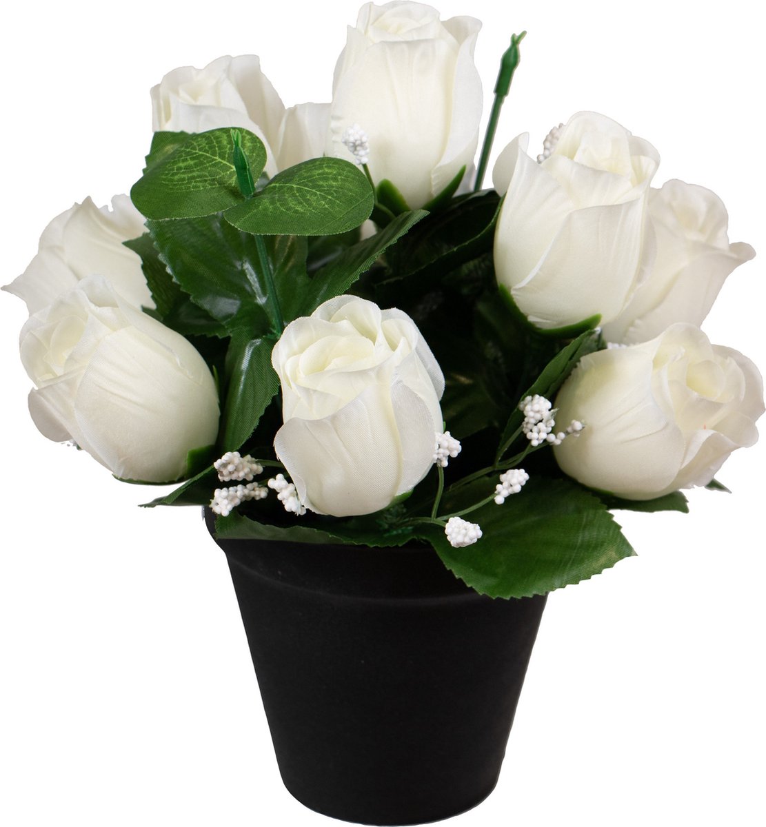 Louis Maes Kunstbloemen klein boeketje rozen in pot - wit - H25 cm - Bloemstuk - Bladgroen